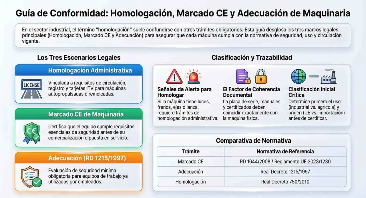 Guía sobre homologación CE, marcado CE y adecuación de maquinaria. Explica los tres escenarios legales: homologación administrativa, marcado CE y adecuación.