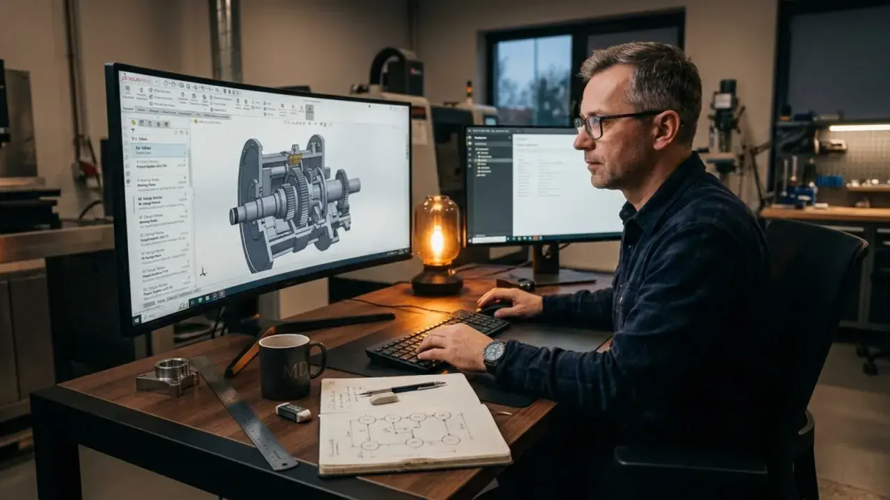 Doświadczony konstruktor pracuje nad projektem mechanicznym na komputerze. Na biurku leży szkic techniczny i kubek z logo MD.