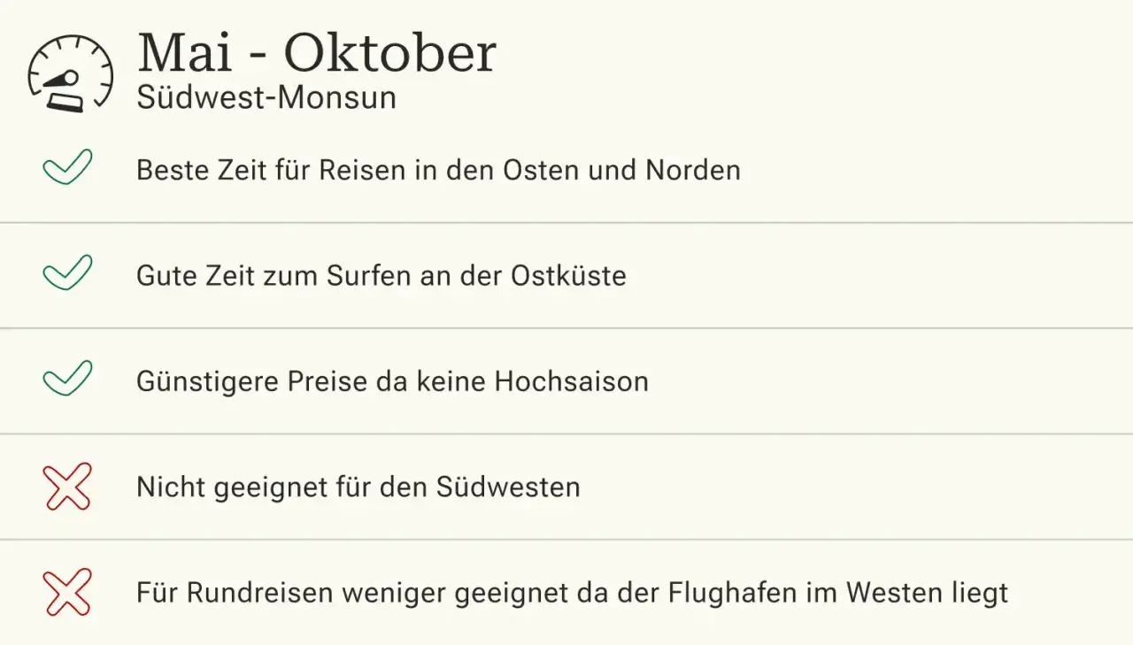 Mai-Oktober: Südwest-Monsun auf Sri Lanka. Gut für Reisen in den Osten/Norden, Surfen an der Ostküste, günstig. Südwesten und Rundreisen weniger ideal.