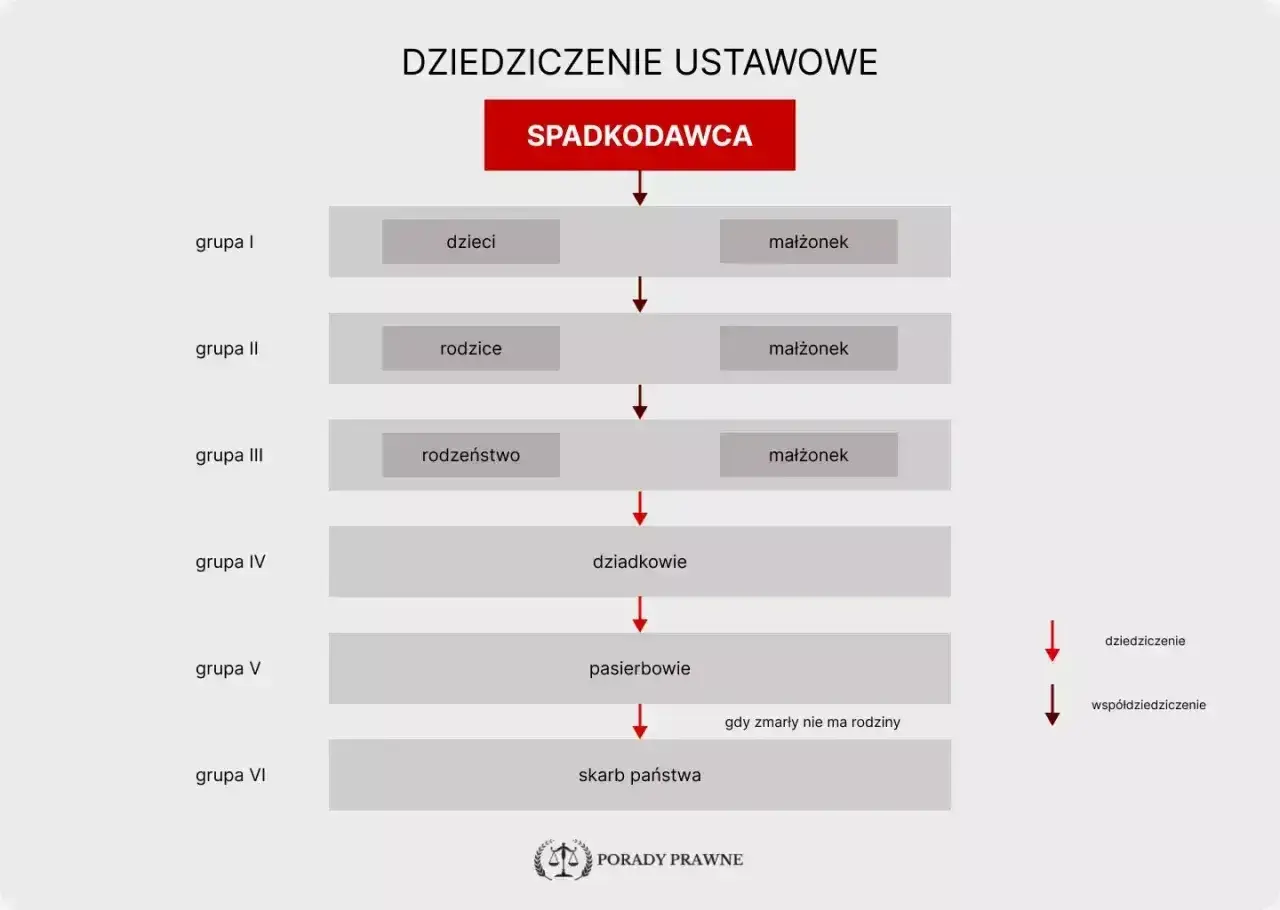 Schemat dziedziczenia ustawowego: od spadkodawcy, przez dzieci, rodziców, rodzeństwo, dziadków, pasierbów, aż do skarbu państwa.