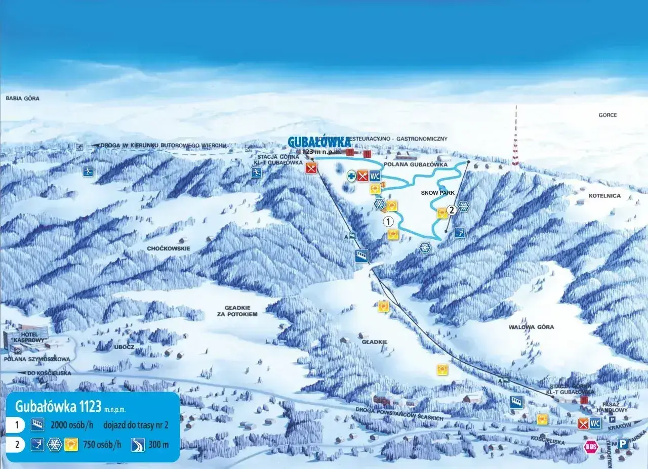 Mapa narciarska Gubałówki z trasami, wyciągami i atrakcjami. Widoczny Snow Park i punkty gastronomiczne.