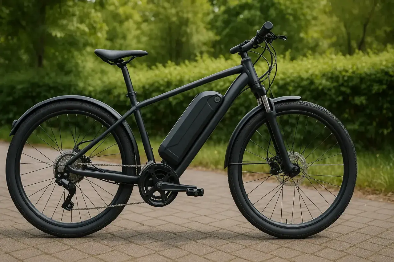 Czarny rower elektryczny wavelo z baterią na ramie, gotowy na miejskie wyprawy po ścieżkach wśród zieleni.