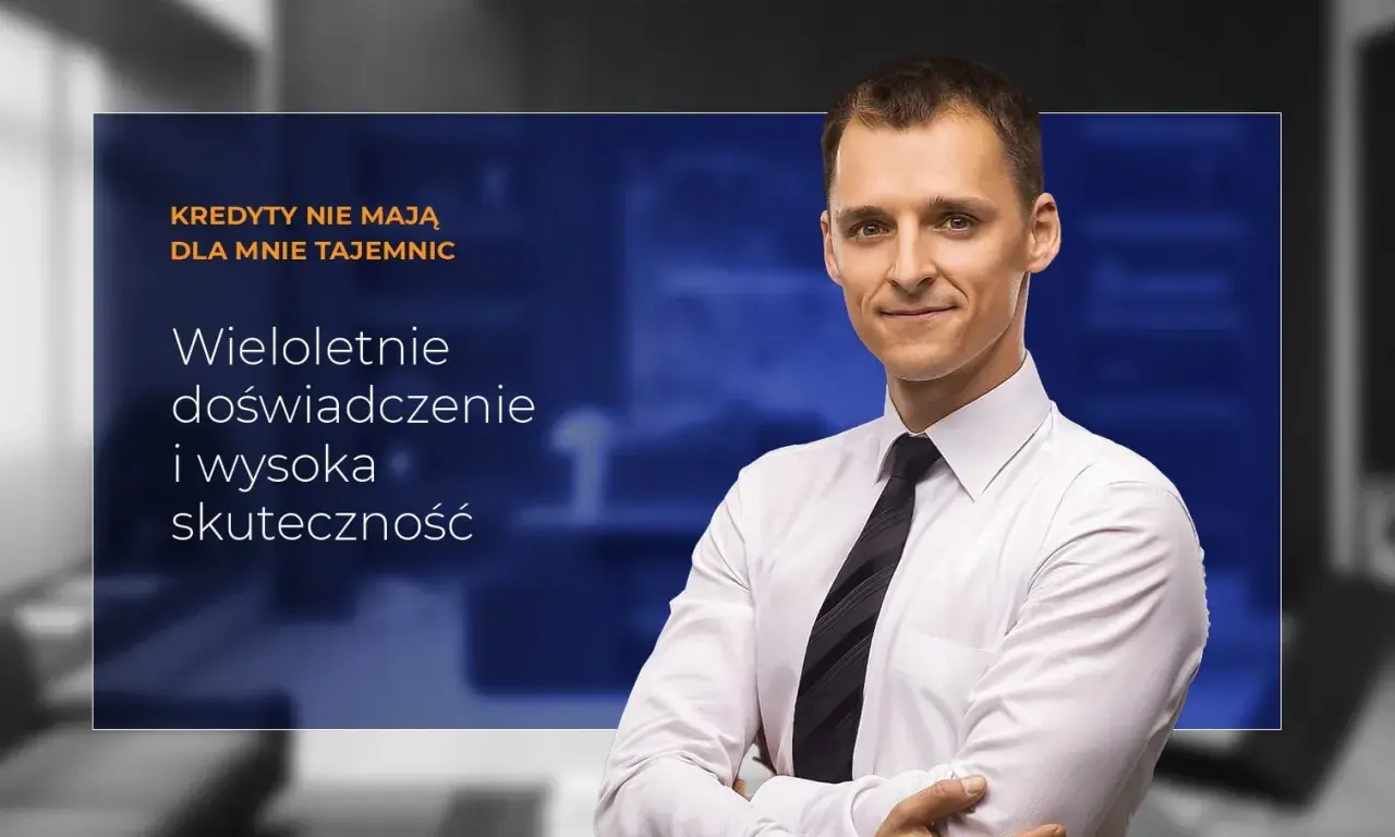 Mężczyzna w białej koszuli i krawacie, z tekstem "Kredyty nie mają dla mnie tajemnic".