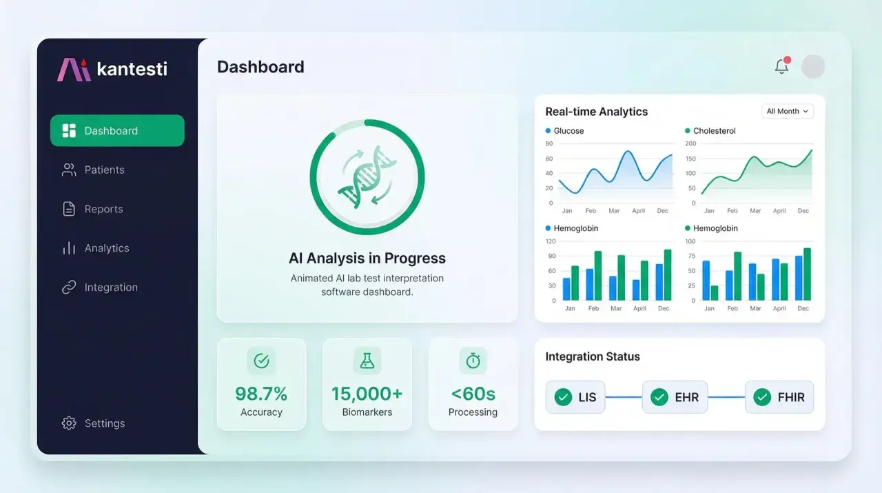 Dashboard di software medici Kantesti: analisi AI in corso, grafici in tempo reale, accuratezza 98.7%, 15.000+ biomarcatori, integrazione LIS/EHR/FHIR.