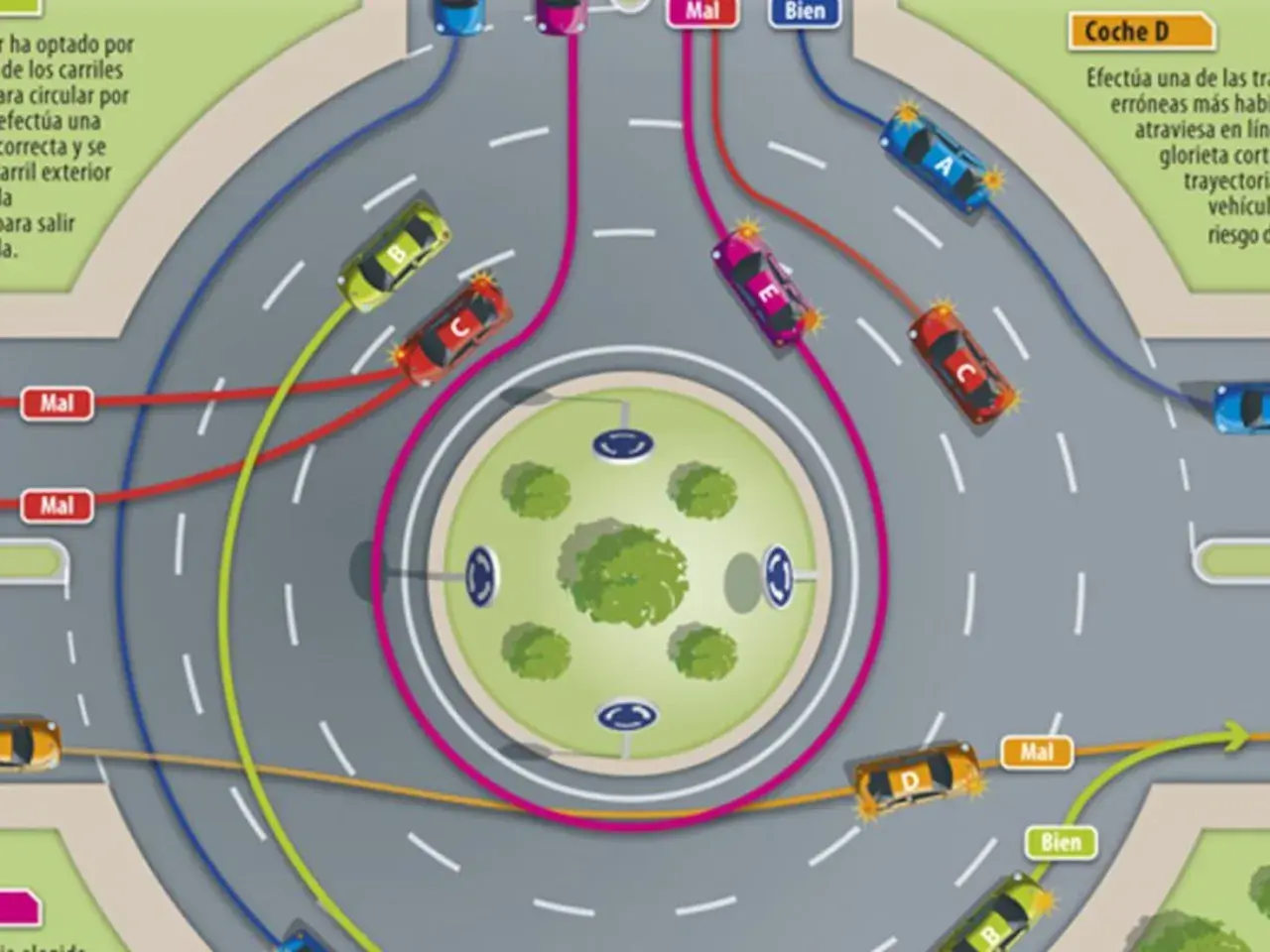 Diagrama de tráfico que ilustra quién tiene preferencia en una rotonda. Muestra coches circulando por carriles correctos e incorrectos.