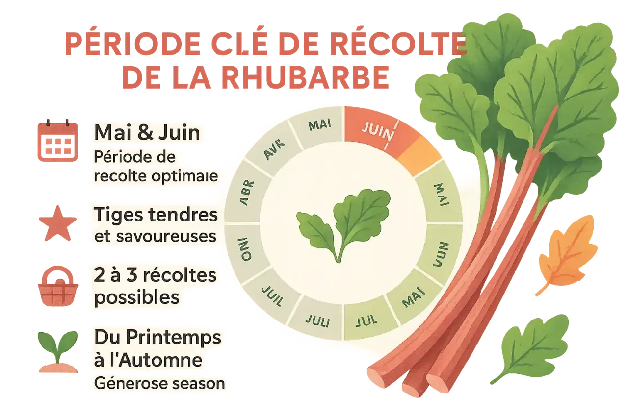 Quand cueillir la rhubarbe : Mai et Juin sont la période de récolte optimale pour des tiges tendres et savoureuses. Profitez de 2 à 3 récoltes du printemps à l'automne.