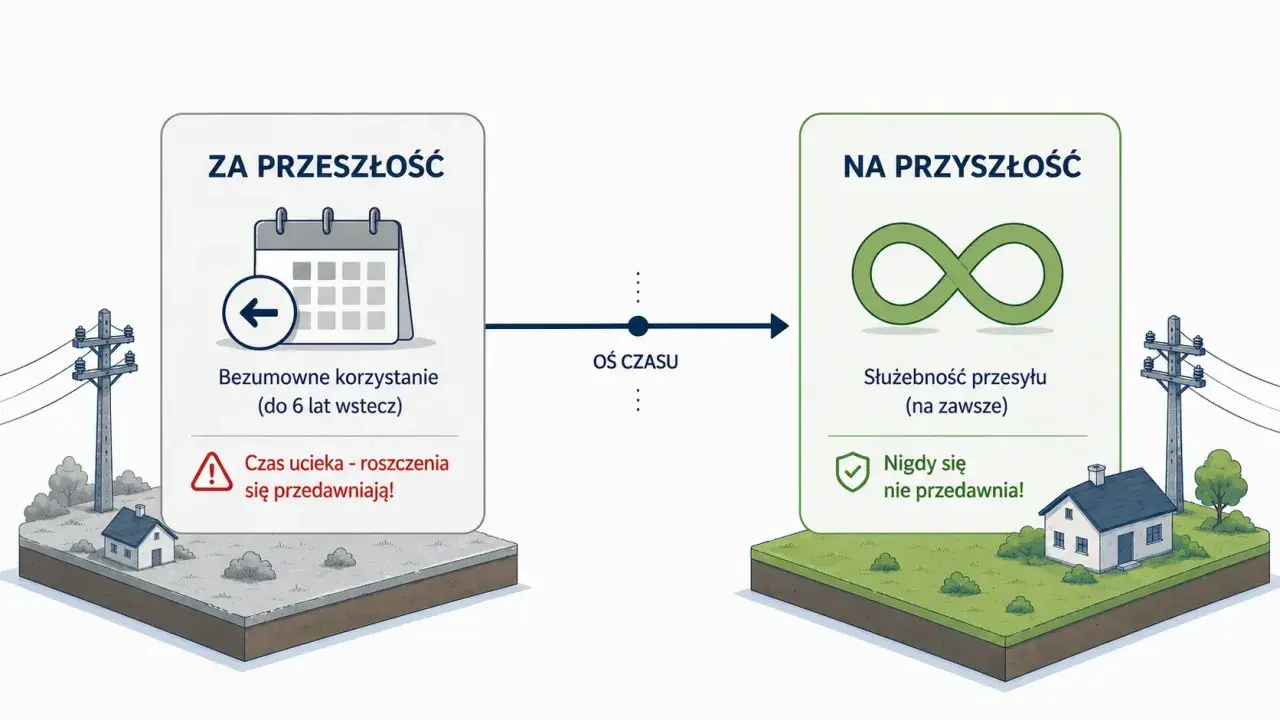 Przeszłość: bezumowne korzystanie z infrastruktury (do 6 lat), roszczenia się przedawniają. Przyszłość: służebność przesyłu na zawsze, nigdy się nie przedawnia.