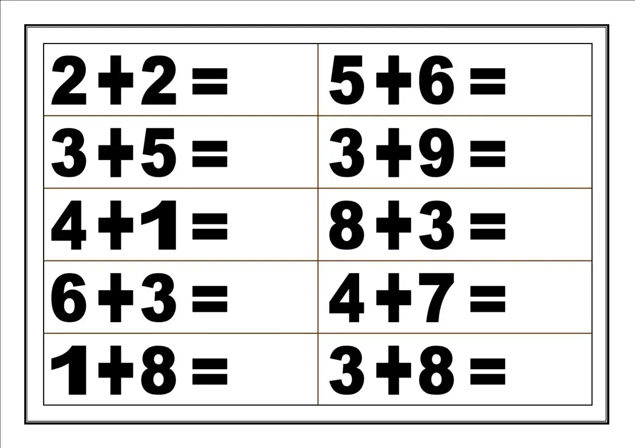Fichas de sumas y restas para imprimir con ejercicios como 2+2= y 5+6=.