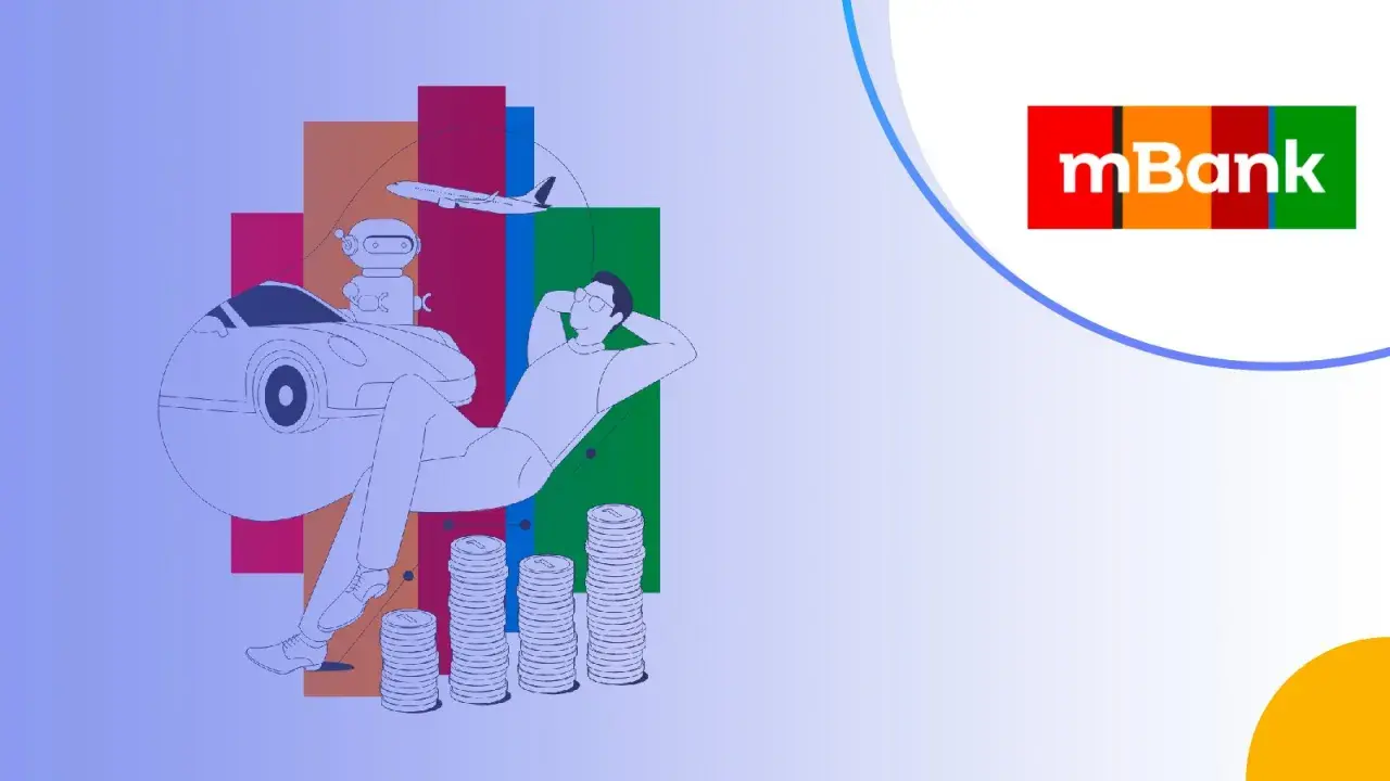 Zrelaksowany człowiek na tle wykresów, symbolizujących marzenia o podróżach i samochodzie, dzięki mBank lokata na nowe środki.