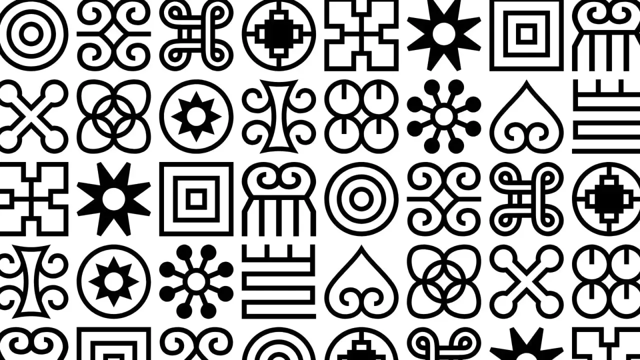 Collection de symboles géométriques noirs sur fond blanc, évoquant un riche motif africain.