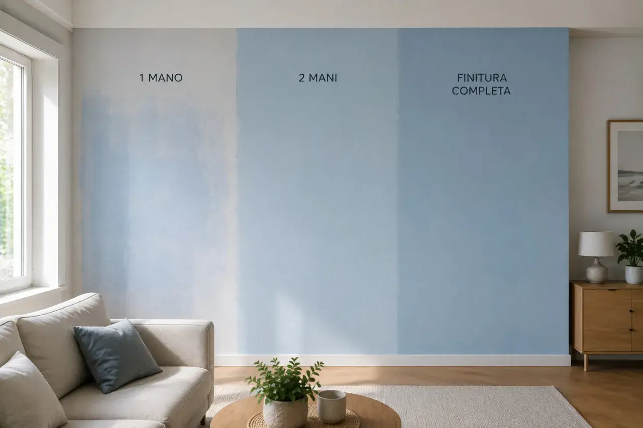 Parete con campiture di colore azzurro che mostrano l'effetto di 1 mano, 2 mani e finitura completa, illustrando nuove tecniche di pittura per interni.