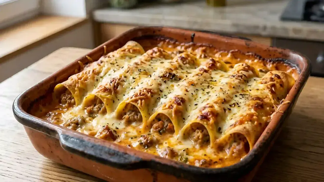 Cannellonis farcis à la viande, gratinés au fromage fondant, prêts pour la cuisson. Un délice à savourer.