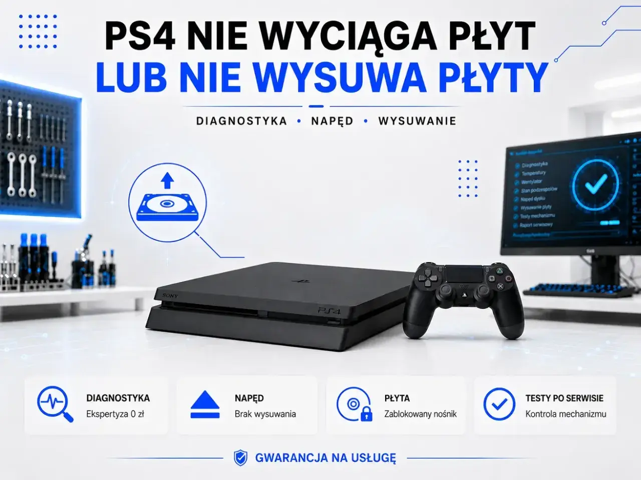 Konsola PS4 nie wysuwa płyty? Napęd dysku zablokowany, potrzebna diagnostyka i naprawa. Szybka pomoc i gwarancja na usługę.