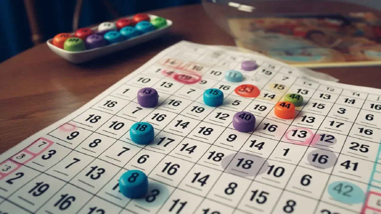 Kolorowe żetony na karcie do gry bingo. W tle widać tacę z kolejnymi żetonami.