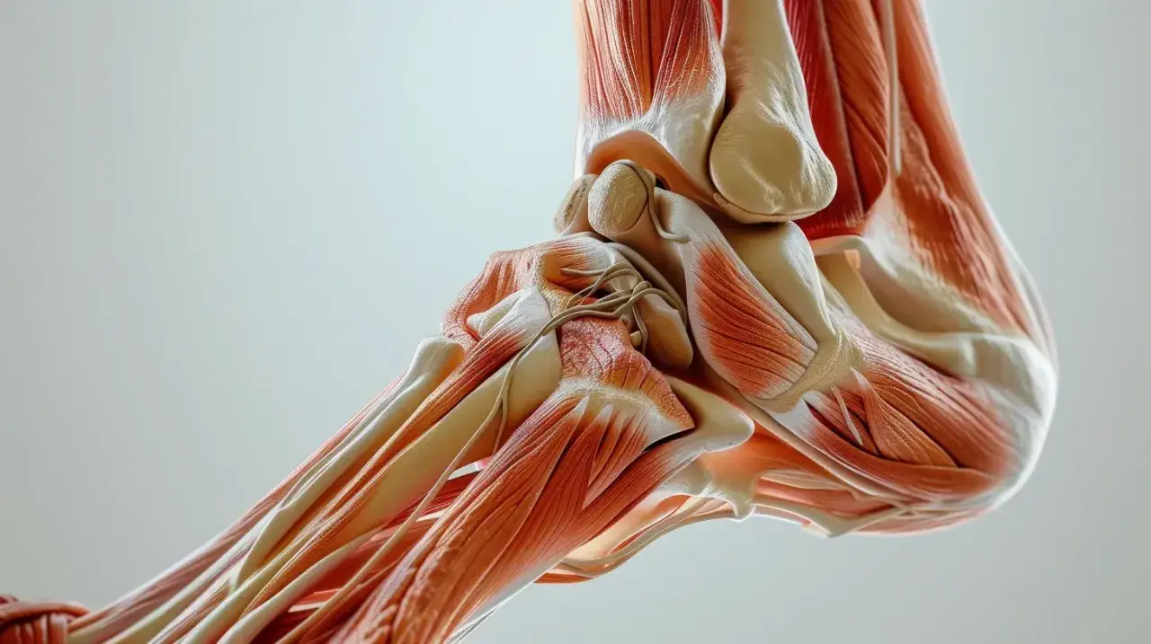 Anatomia stopy z widocznymi mięśniami i ścięgnami, w tym ścięgno Achillesa.