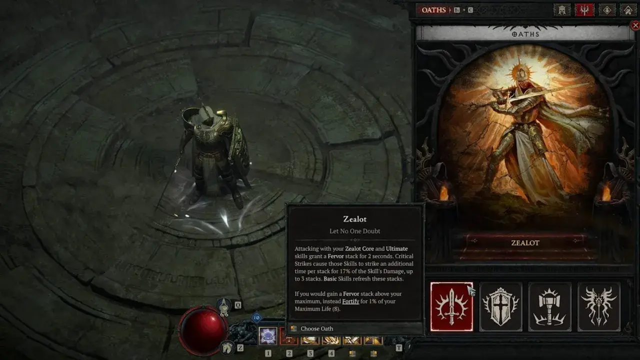 Interface de Diablo 4 : le joueur choisit l'Oath "Zealot", une classe axée sur les attaques rapides et les bonus de dégâts.