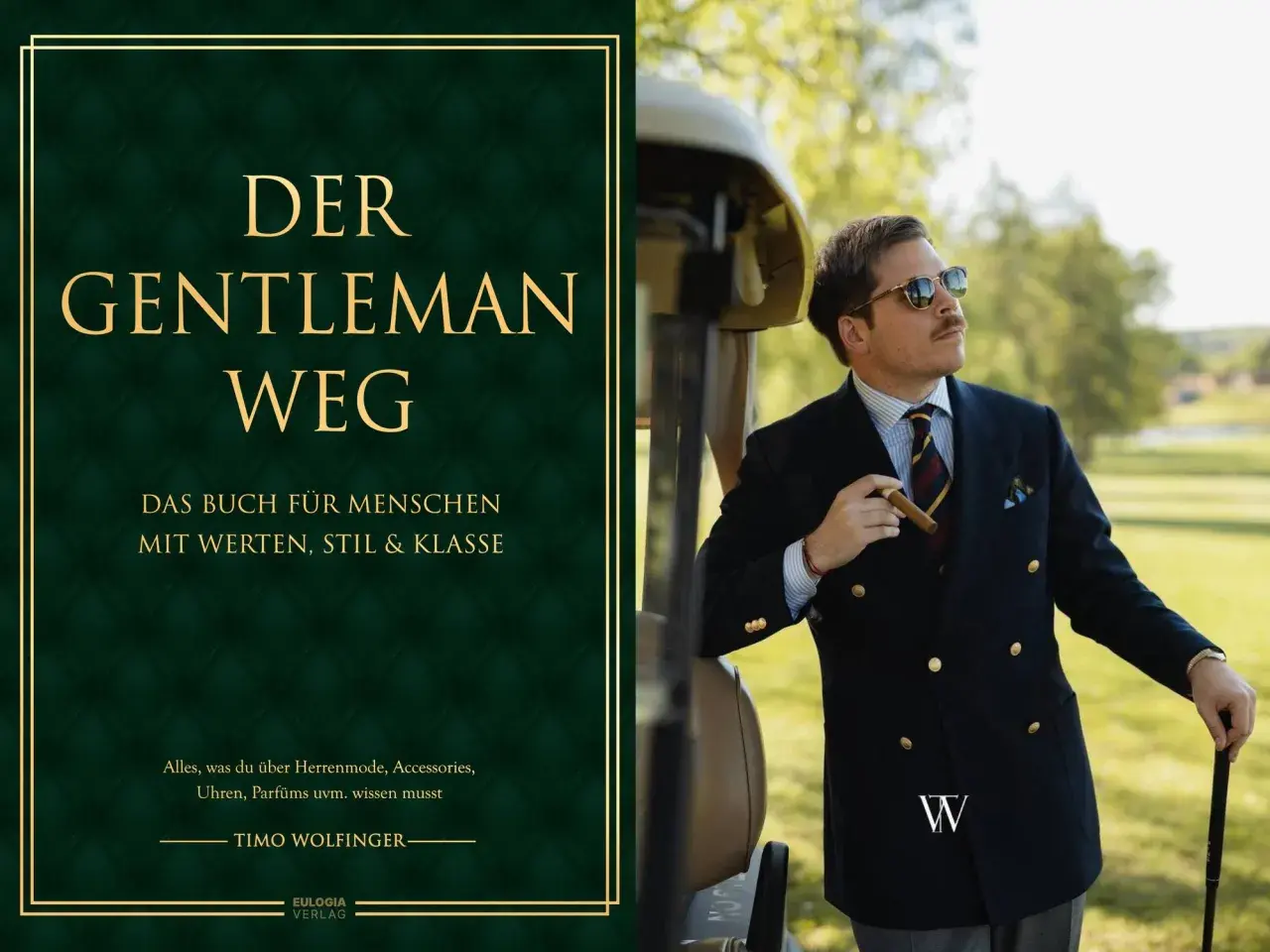 Ein Mann mit Zigarre und Golfschläger verkörpert gentlemanlike verhalten. Daneben das Buch "Der Gentleman Weg" über Stil und Klasse.