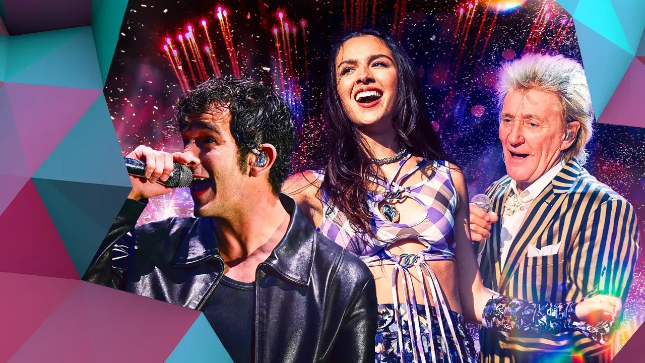 Matty Healy, Olivia Rodrigo, and Rod Stewart perform on stage with fireworks in the background, a vibrant montage celebrating BBC Glastonbury.