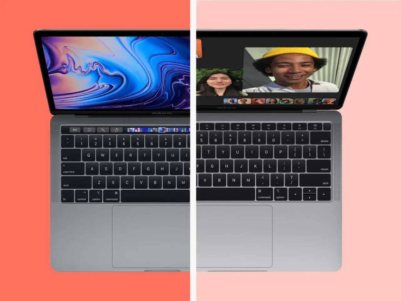 Zwei MacBooks nebeneinander: links ein MacBook Pro mit abstraktem Wallpaper, rechts ein MacBook Air mit Videoanruf. Der MacBook Air und Pro Unterschied wird hier visuell.