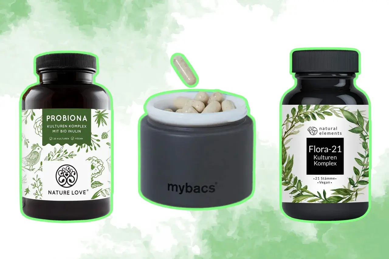 Tres envases de suplementos probióticos, incluyendo "Probiona" y "Flora-21", con cápsulas visibles.