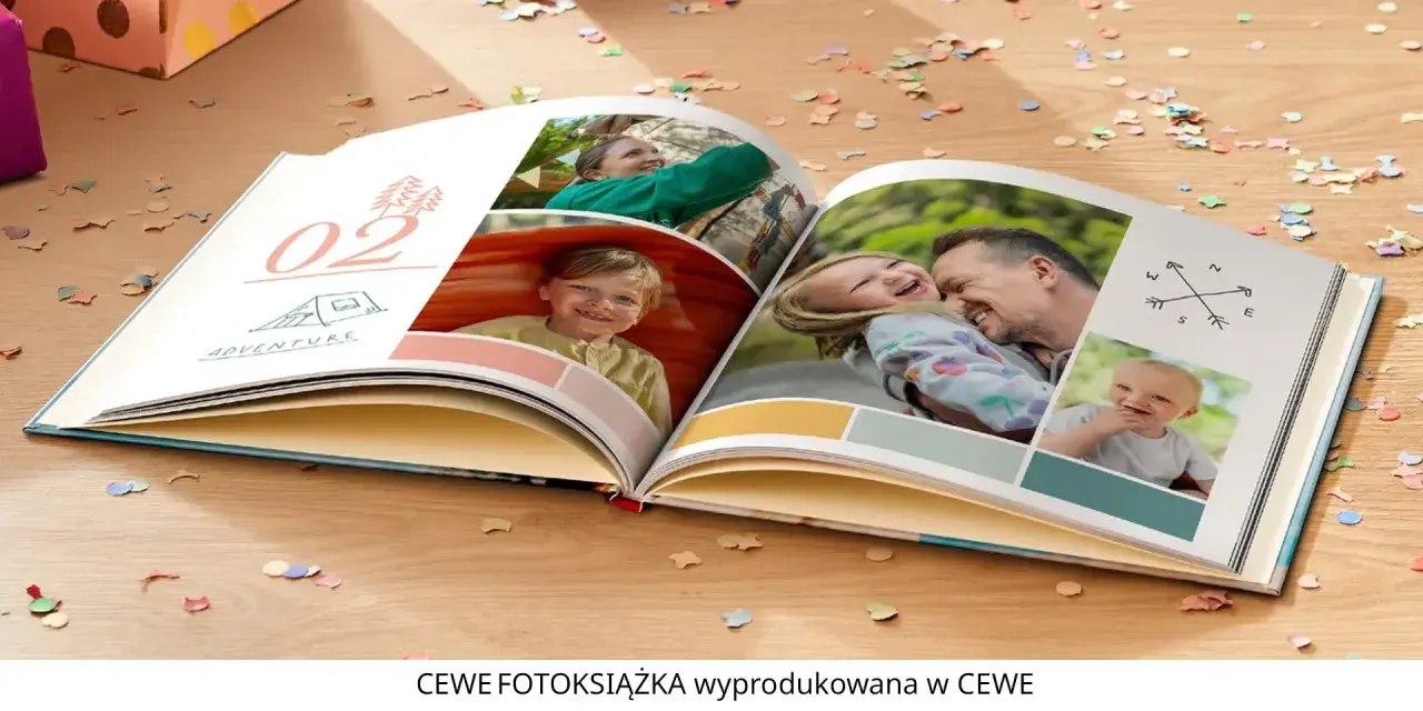 Otwarta fotoksiążka z uśmiechniętymi dziećmi i rodzicami. To dowód, czym dla człowieka mogą być wspomnienia – uchwycone chwile radości i przygody.