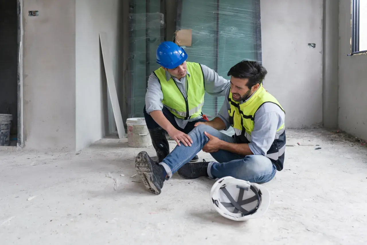 Operaio ferito assistito da un collega. La scena evoca la necessità di un risarcimento per morte sul lavoro o infortunio grave.