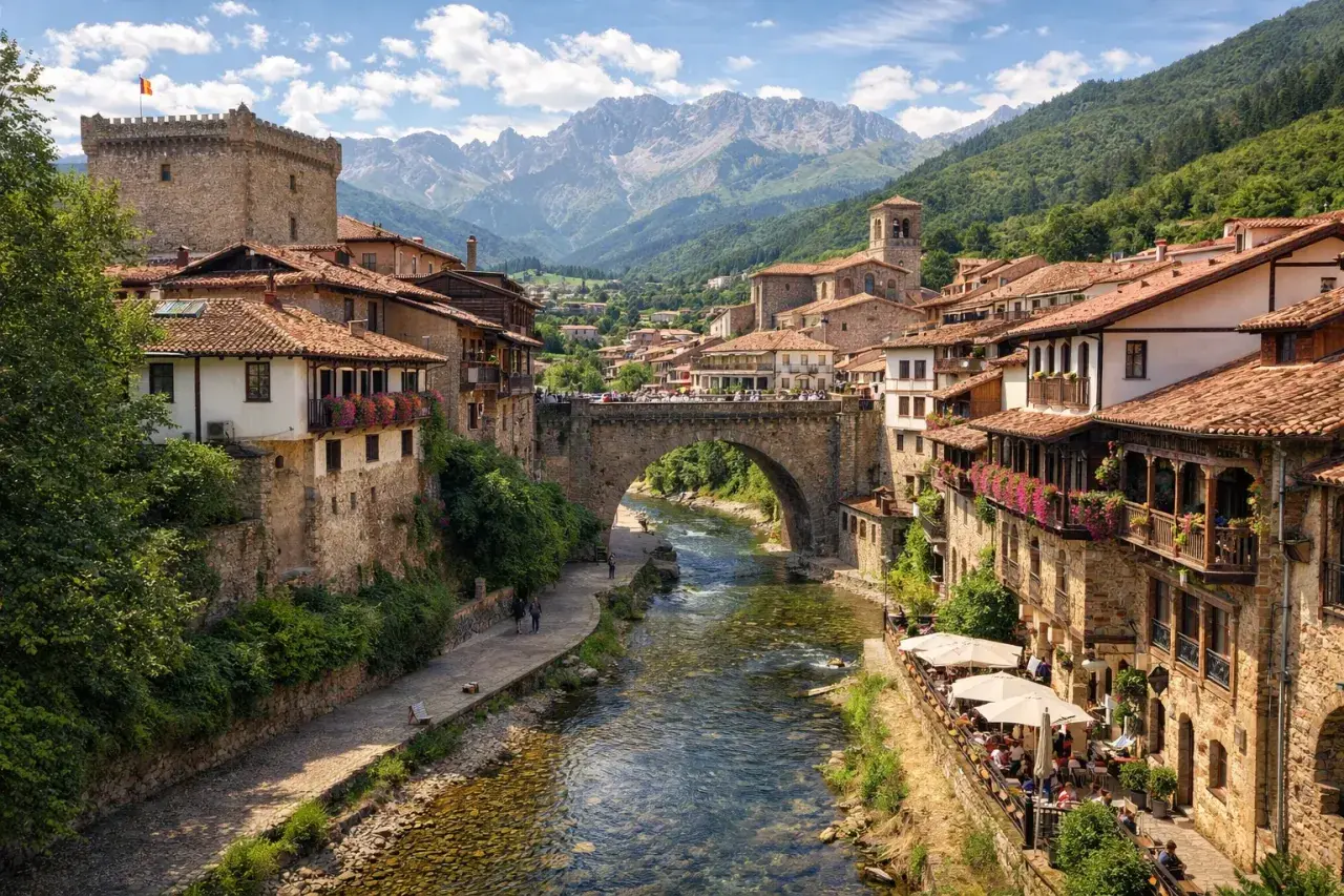 Un pueblo con encanto en Cantabria, con un río que lo atraviesa, un puente medieval y casas de piedra con balcones floridos. ¡Pura magia!
