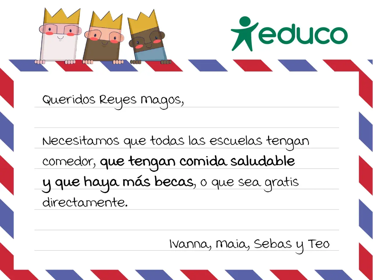 Ilustración de tres Reyes Magos con una carta escrita a mano y el logo de "Reduco".