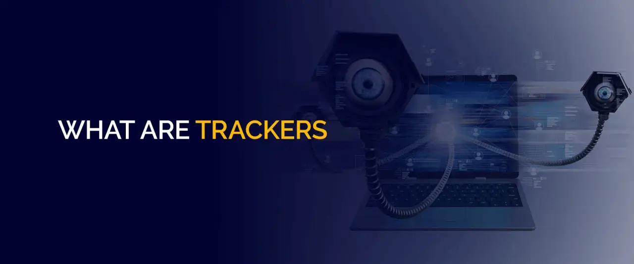 Co to trackery? Dwie kamery przypominające oczy obserwują laptop z kodem. Symbolizują śledzenie danych.