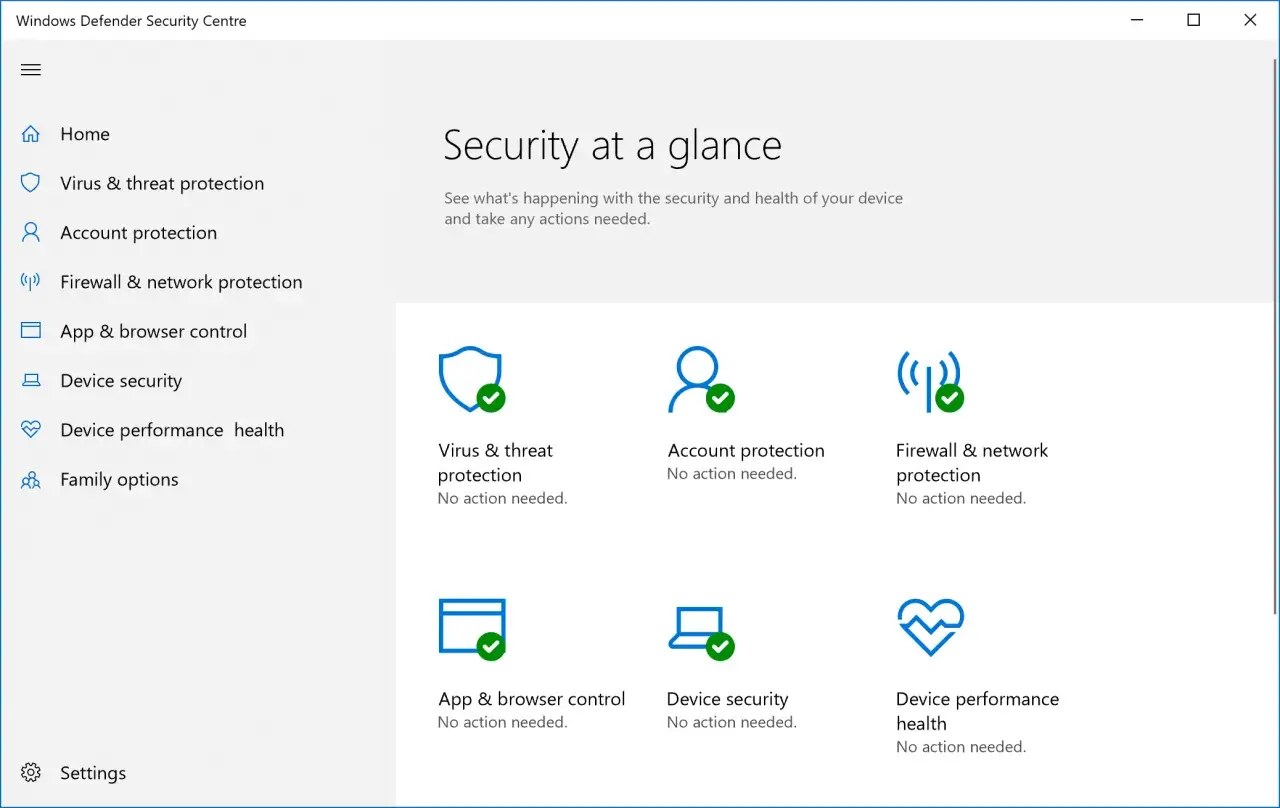 Centrum bezpieczeństwa Windows Defender pokazuje stan ochrony przed wirusami i zagrożeniami. Dostępne są darmowe programy antywirusowe.