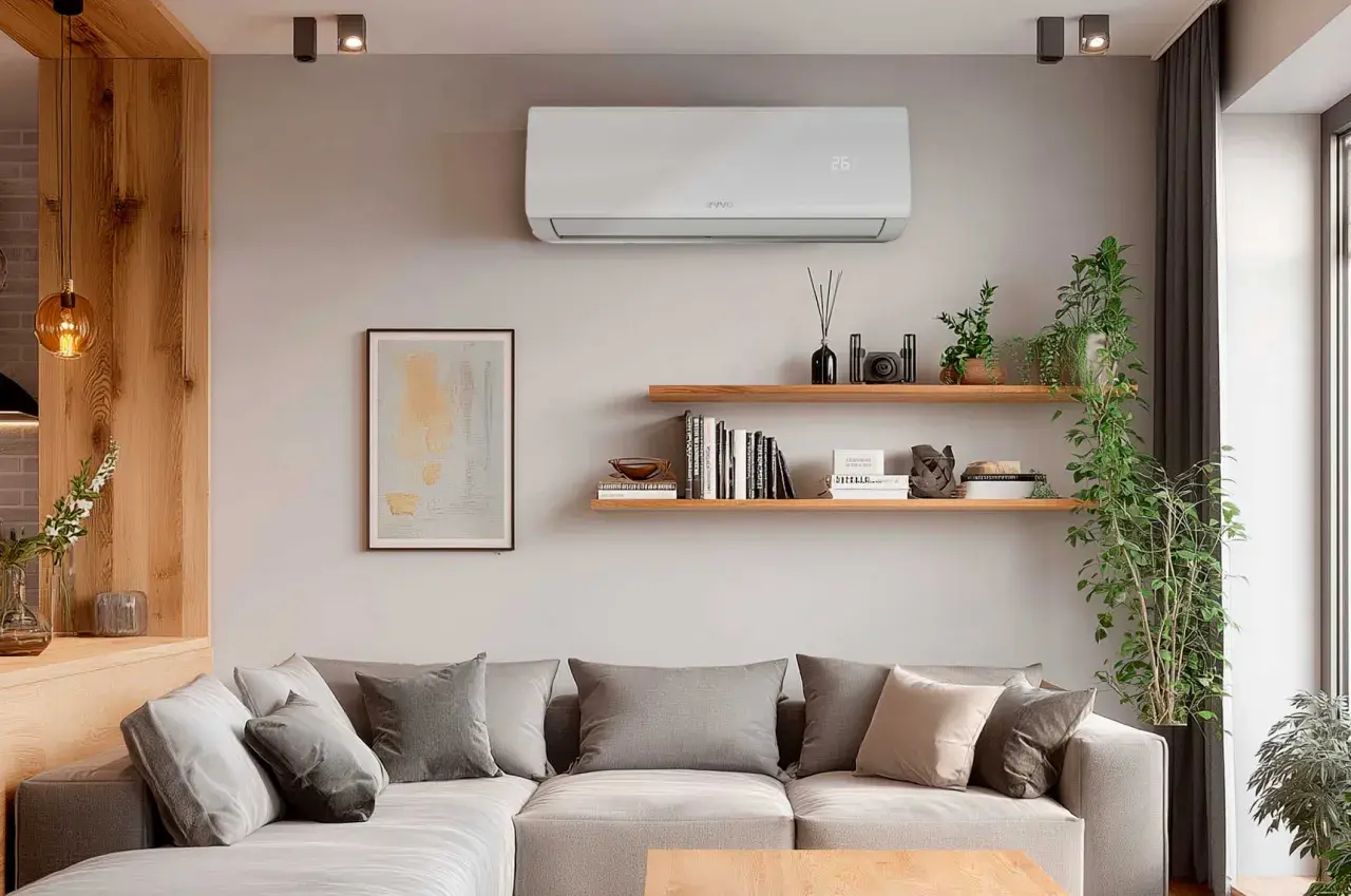 Un aire acondicionado blanco en la pared controla el calor, mostrando 26°C. Debajo, un sofá gris con cojines y estanterías con libros y plantas.