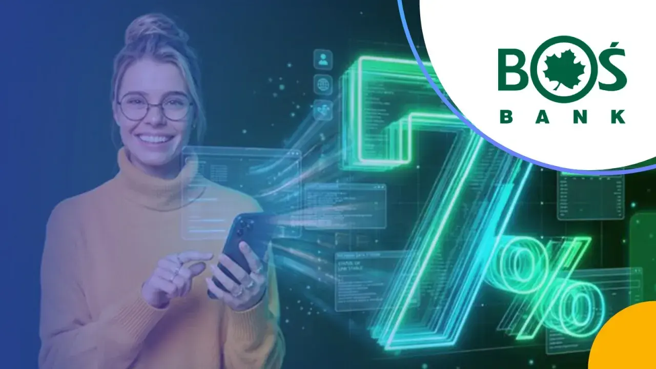 Uśmiechnięta kobieta z telefonem w ręku, obok logo BÓŚ Bank. Neonowe cyfry i znaki procentów sugerują wysokie oprocentowanie konta oszczędnościowego.