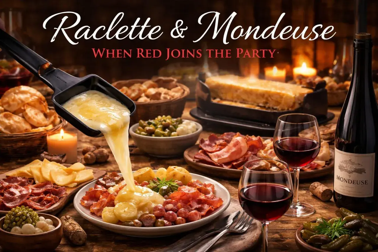 Raclette et Mondeuse : un vin rouge de Savoie parfait pour accompagner ce plat savoyard. Fromage fondu, charcuterie et pommes de terre.