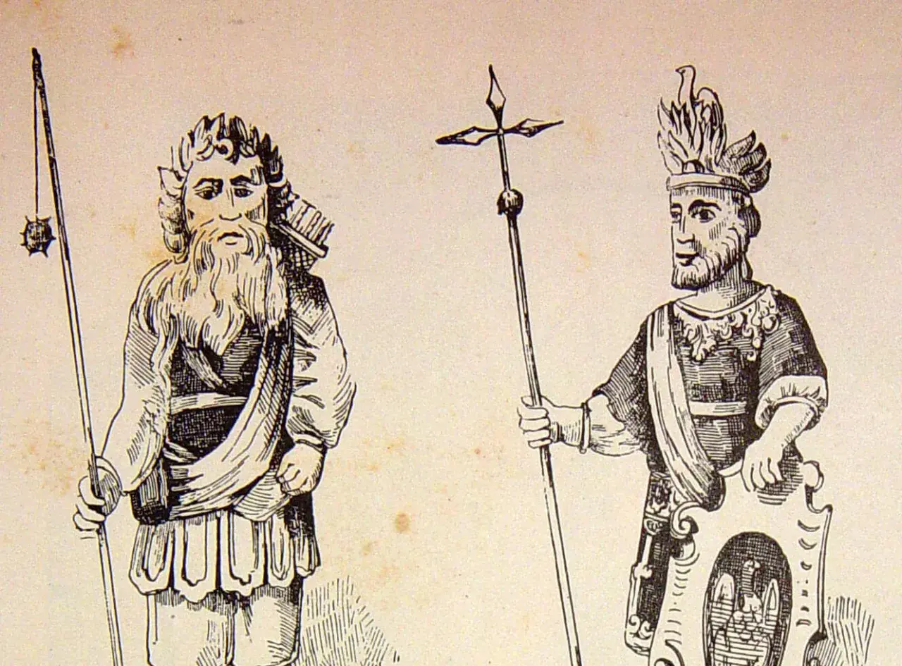 Gog i Magog, dwaj wojownicy w starożytnych strojach, jeden z łukiem i maczugą, drugi z berłem i tarczą.