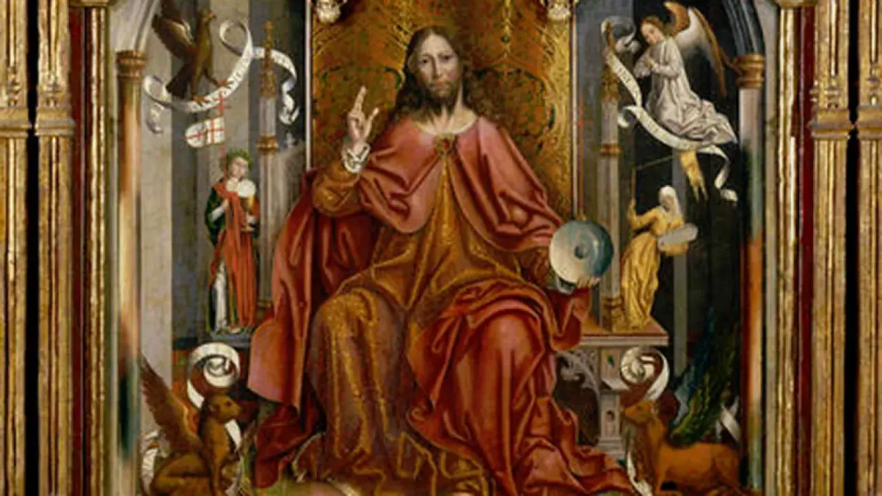 El Cristo entronizado, con túnica roja y dorada, bendice y sostiene un orbe. A su lado, ángeles y figuras bíblicas.