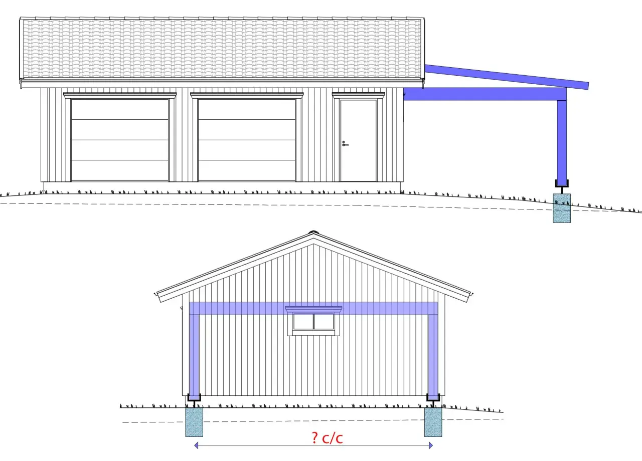 Ritning av garage med carport. En gratis carport ritning som visar konstruktion och mått.