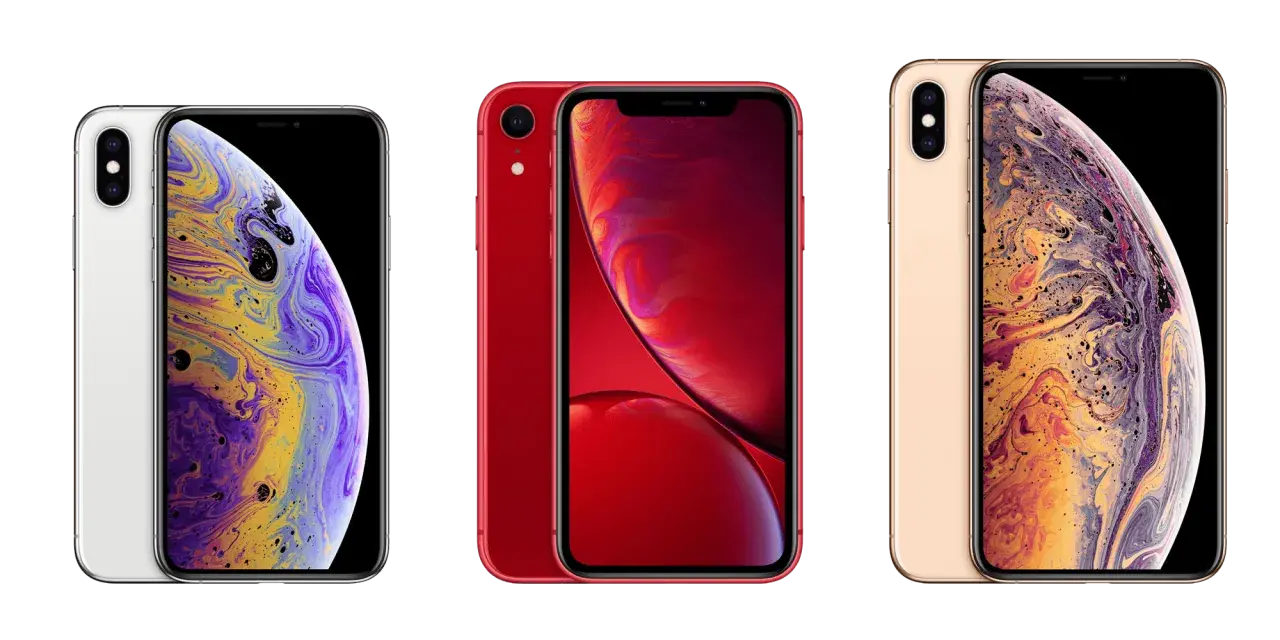 Trzy telefony iPhone: biały, czerwony i złoty. Złoty iPhone XS Max ma wymiary idealne do dłoni.
