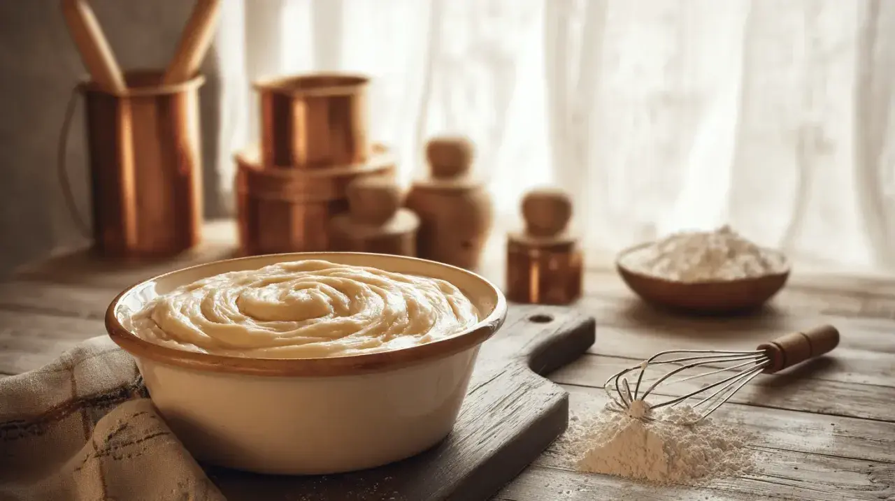 Un bol de pâte à beignets crémeuse, prêt à être cuisiné. Farine et fouet à proximité.