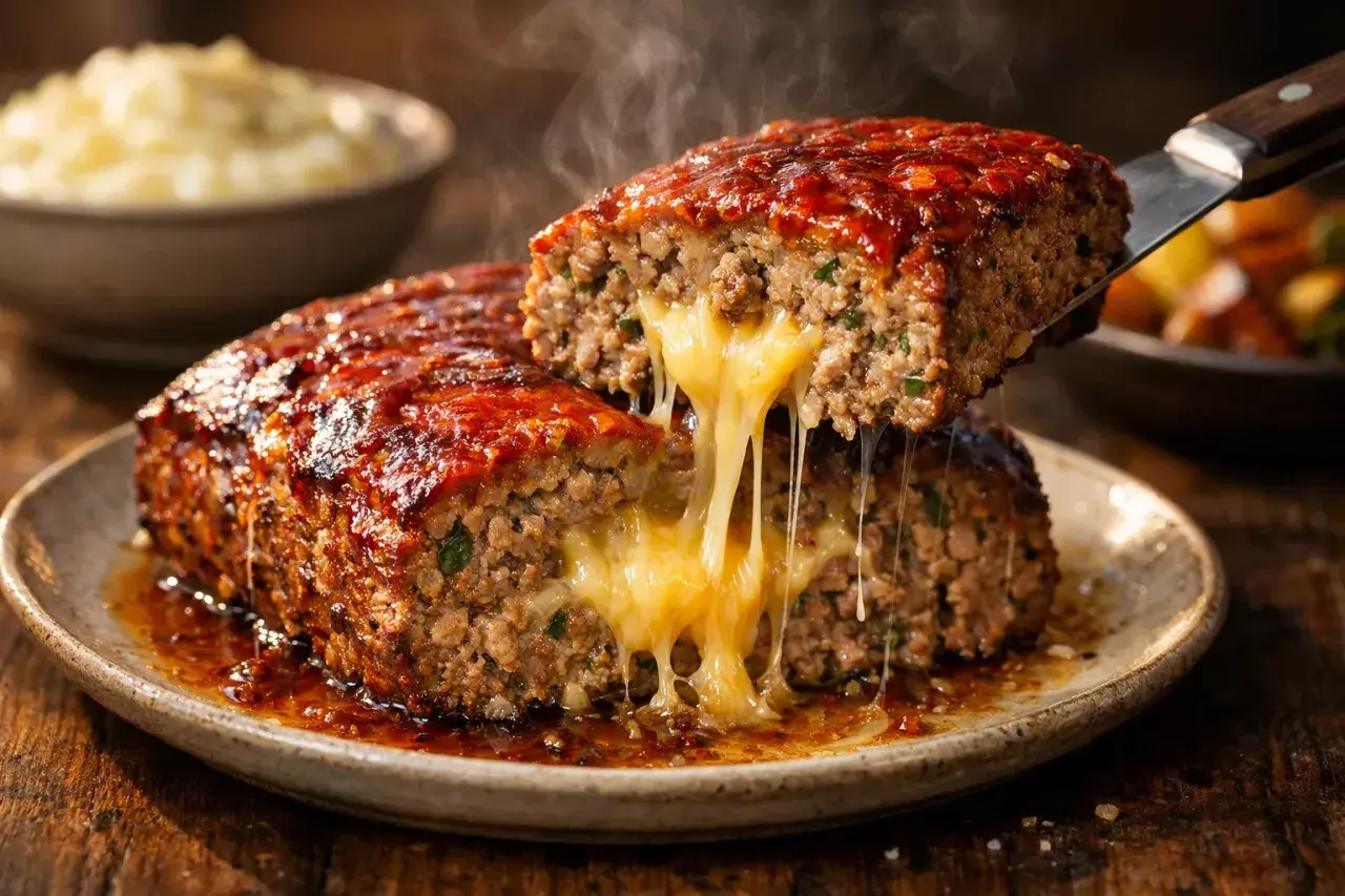 Un délicieux pain de viande dégoulinant de fromage fondant, nappé d'une sauce rouge appétissante.