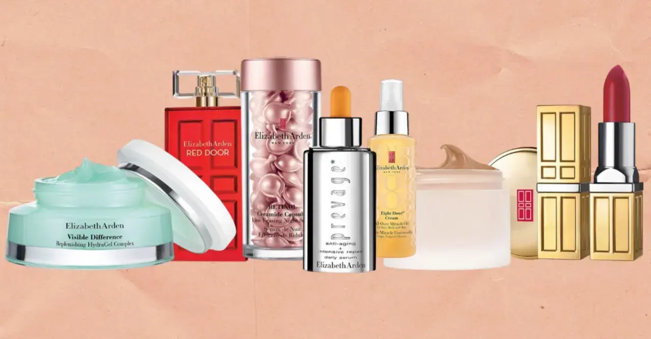 Kolekcja kosmetyków Elizabeth Arden: krem nawilżający, perfumy Red Door, serum z retinolem, serum Prevage, olejek Eight Hour i szminka.