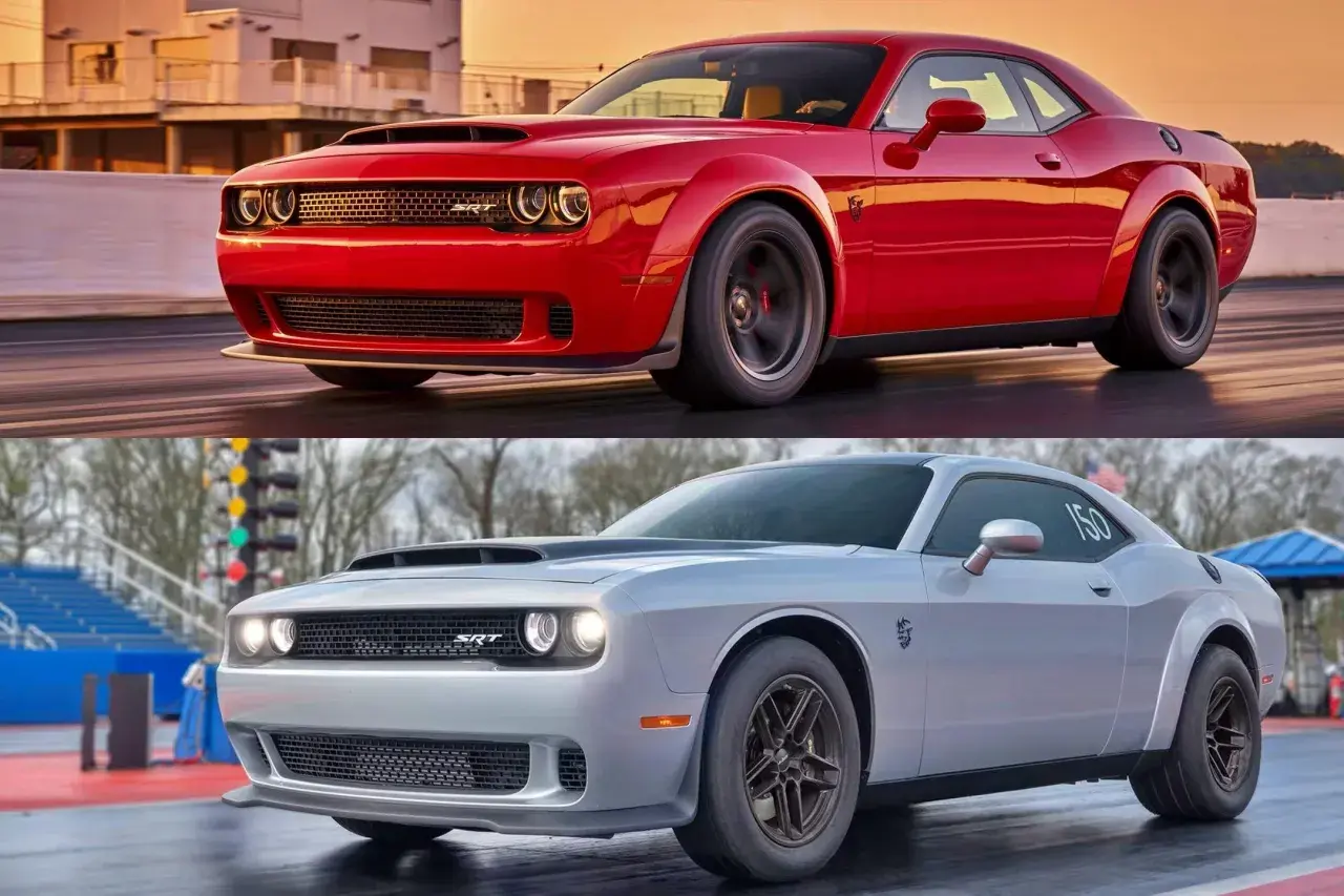 Dwa Dodge Challenger Demon: czerwony na torze wyścigowym i srebrny z numerem 150.