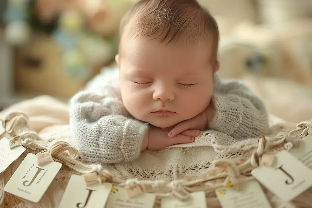 Un bébé endormi, le visage posé sur ses mains, porte un pull en maille. Des étiquettes avec la lettre "J" décorent le bord, suggérant un prénom en J.