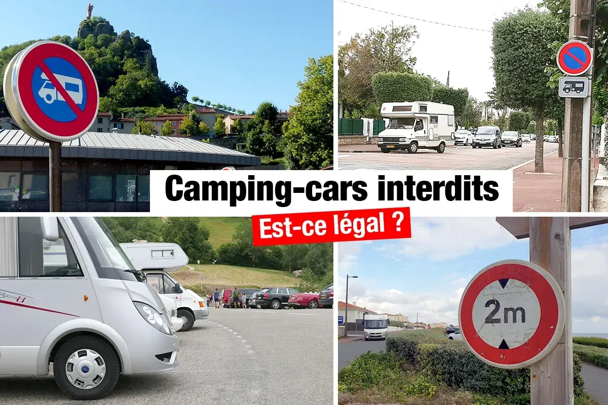 Panneaux interdisant le camping-car sauvage. Des camping-cars sont garés dans un parking.