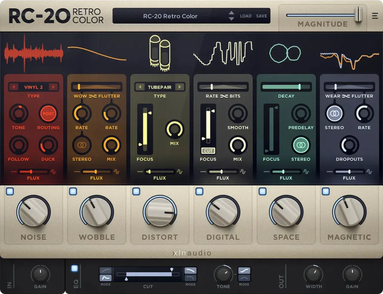 RC-20 Retro Color VST plugin interface, offering tape saturation effects with controls for vinyl, wow, flutter, decay, and more.