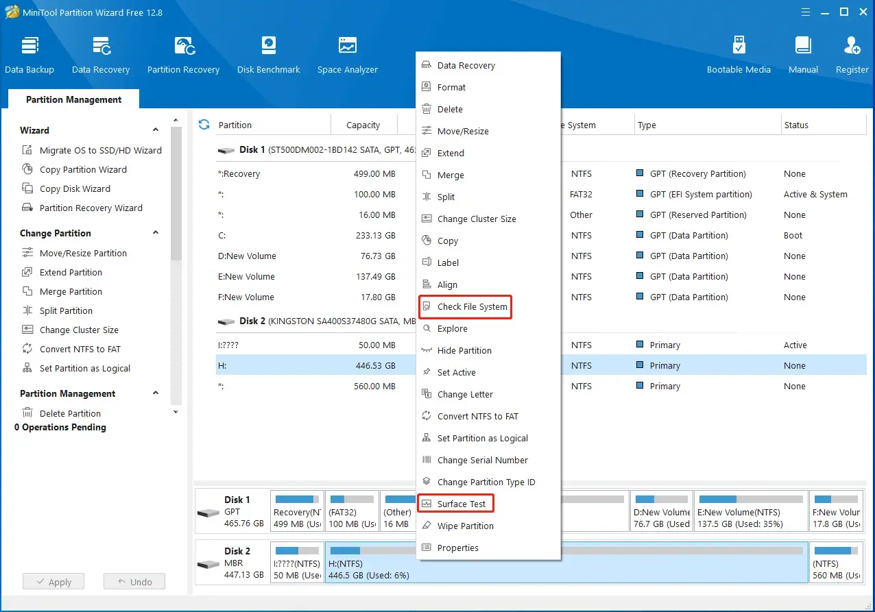 MiniTool Partition Wizard: Menü "Check File System" ist geöffnet. Hier kann man die Festplatte prüfen, ähnlich wie mit xcopy /y.