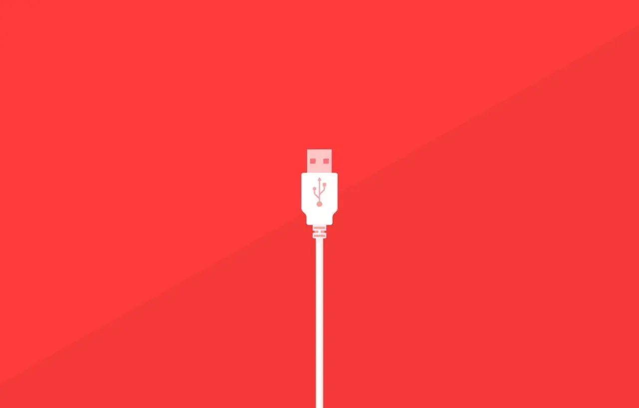 Un conector blanco de varios tipos USB se alza sobre un fondo rojo vibrante, listo para conectar.