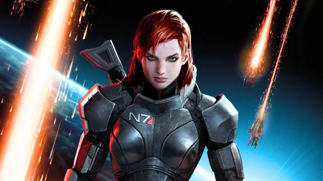 Komandor Shepard w zbroi N7, w tle kosmiczna bitwa z serialu Mass Effect.