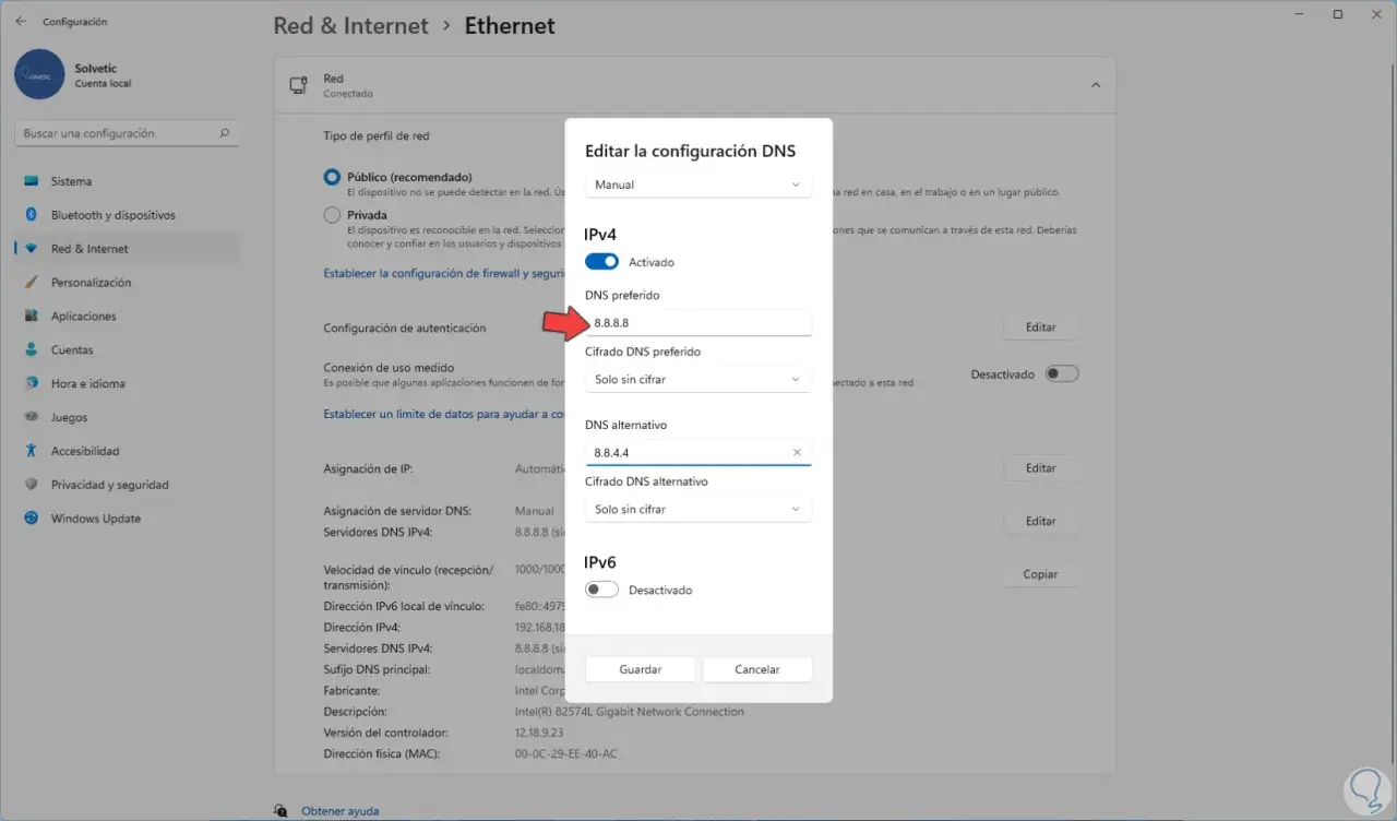 Ventana de Windows 11 para cambiar DNS. Se muestra la configuración manual de DNS IPv4 con 8.8.8.8 como preferido.