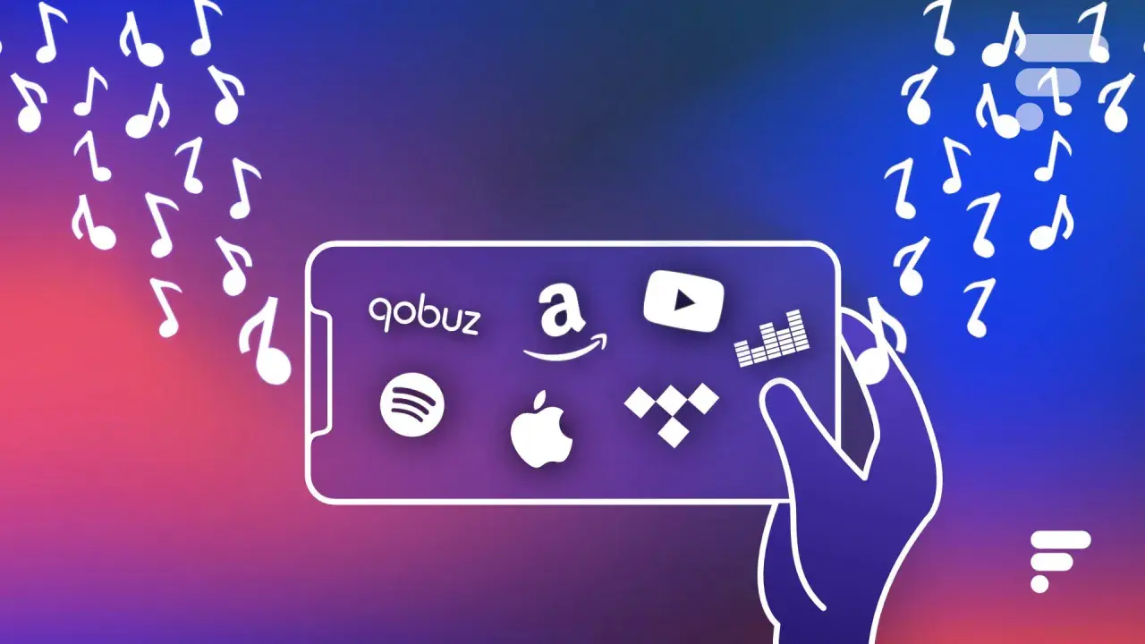 Une main tient un smartphone affichant plusieurs logos d'application musicale : Qobuz, Amazon Music, YouTube Music, Spotify, Apple Music et Tidal.
