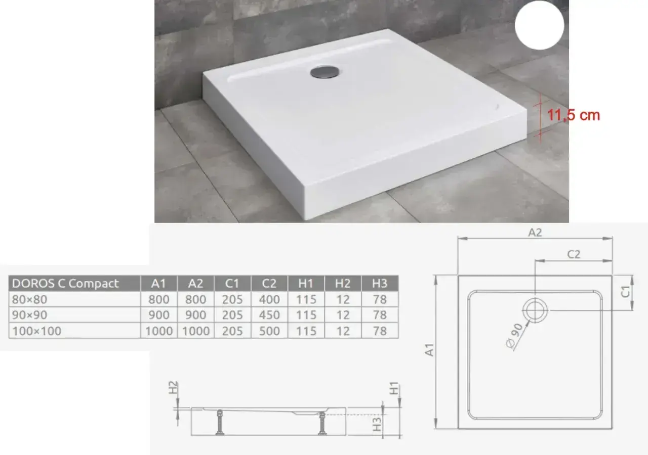Niski brodzik prysznicowy DOROS C Compact, wymiary i schemat montażu. Wysokość 11,5 cm.